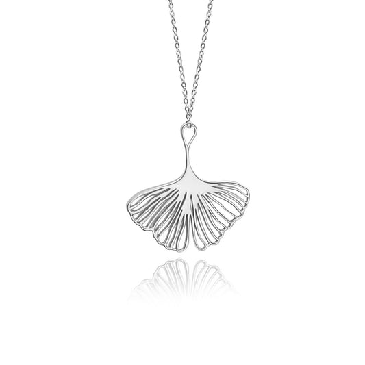 Rhodium/ Silver Adia Ginkgo Leaf Pendant Necklace