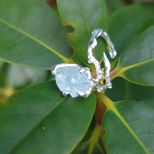Adjustable Asymmetrical Raw Aquamarine Silver Ring