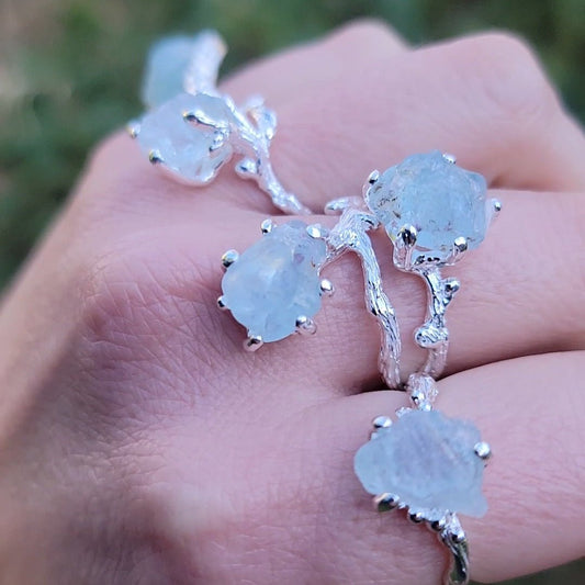 Adjustable Asymmetrical Raw Aquamarine Silver Ring
