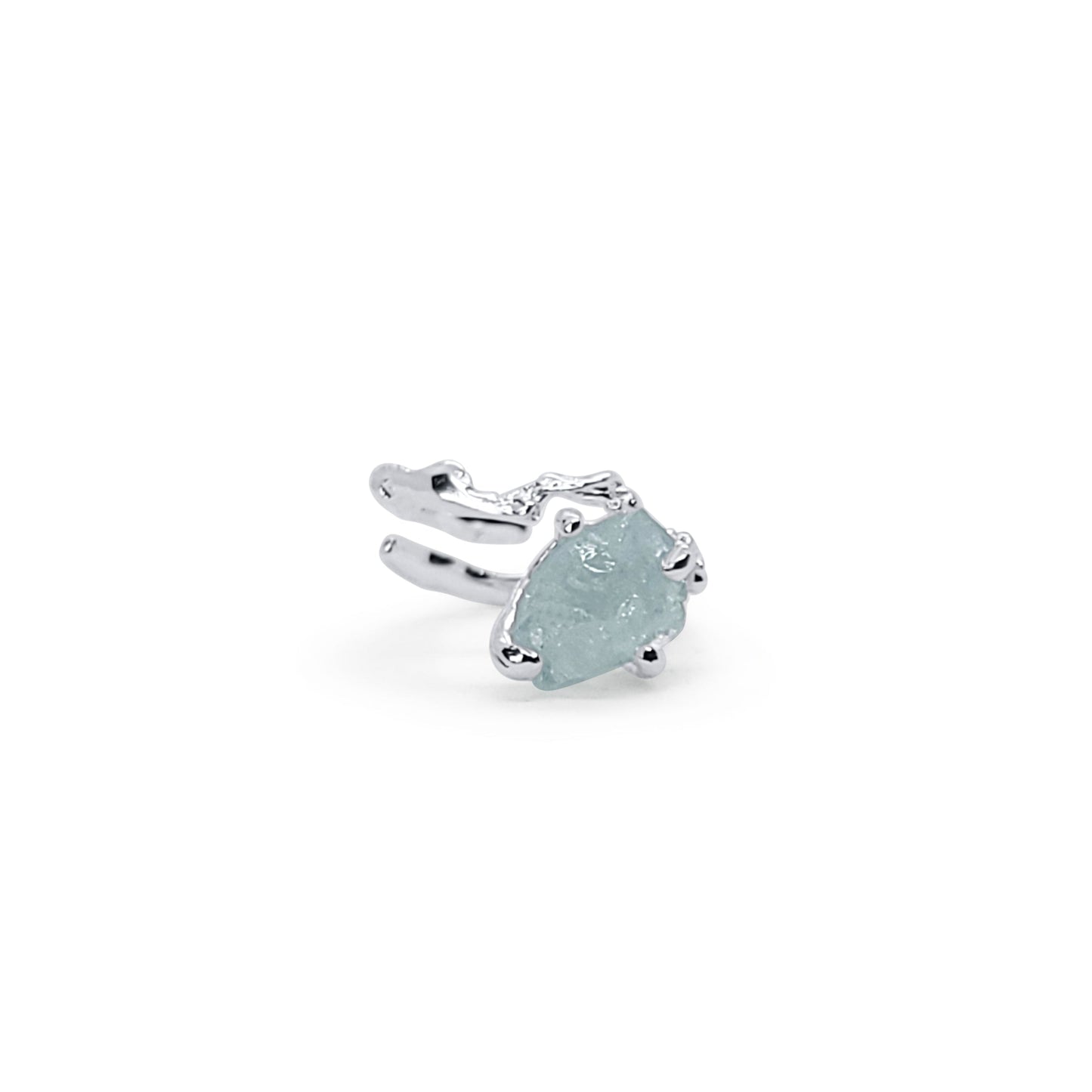 Adjustable Ring in Raw Aquamarine Silver Claw Setting with Branch Design
