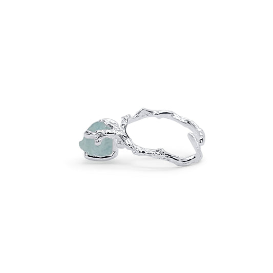 Adjustable Ring in Raw Aquamarine Silver Claw Setting with Branch Design