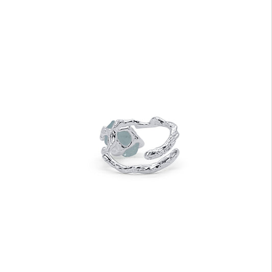Adjustable Ring in Raw Aquamarine Silver Claw Setting with Branch Design