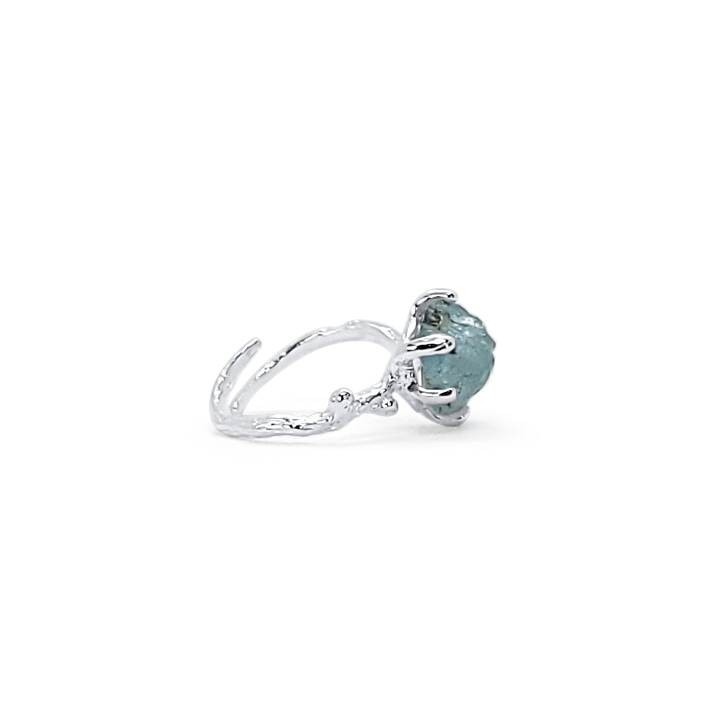 Adjustable Silver and Raw Aquamarine Ring with Branch Setting