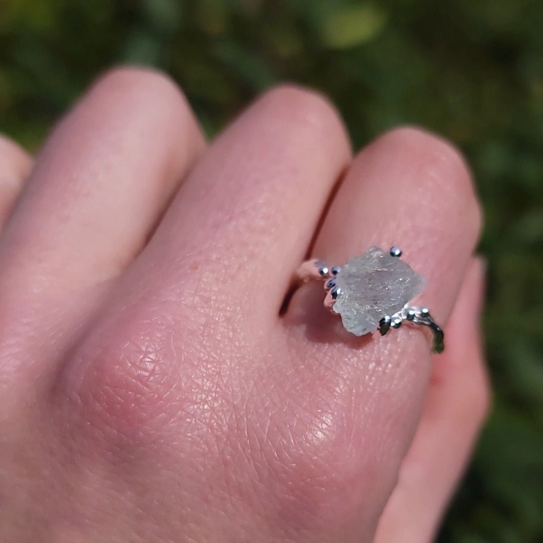 Adjustable Silver and Raw Aquamarine Ring with Branch Setting