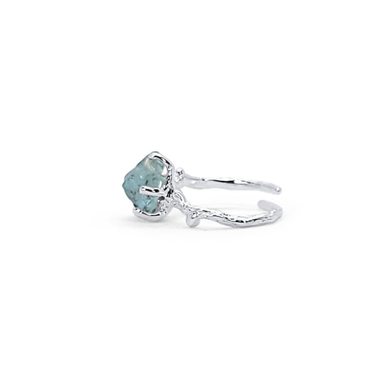 Adjustable Silver and Raw Aquamarine Ring with Branch Setting