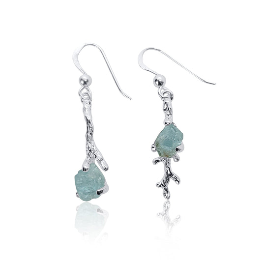 Asymmetrical Raw Natural Aquamarine Silver Branch Dangle Earrings