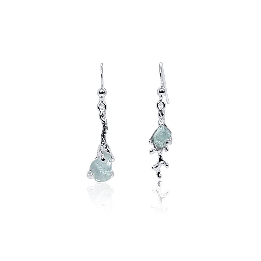 Asymmetrical Raw Natural Aquamarine Silver Branch Dangle Earrings