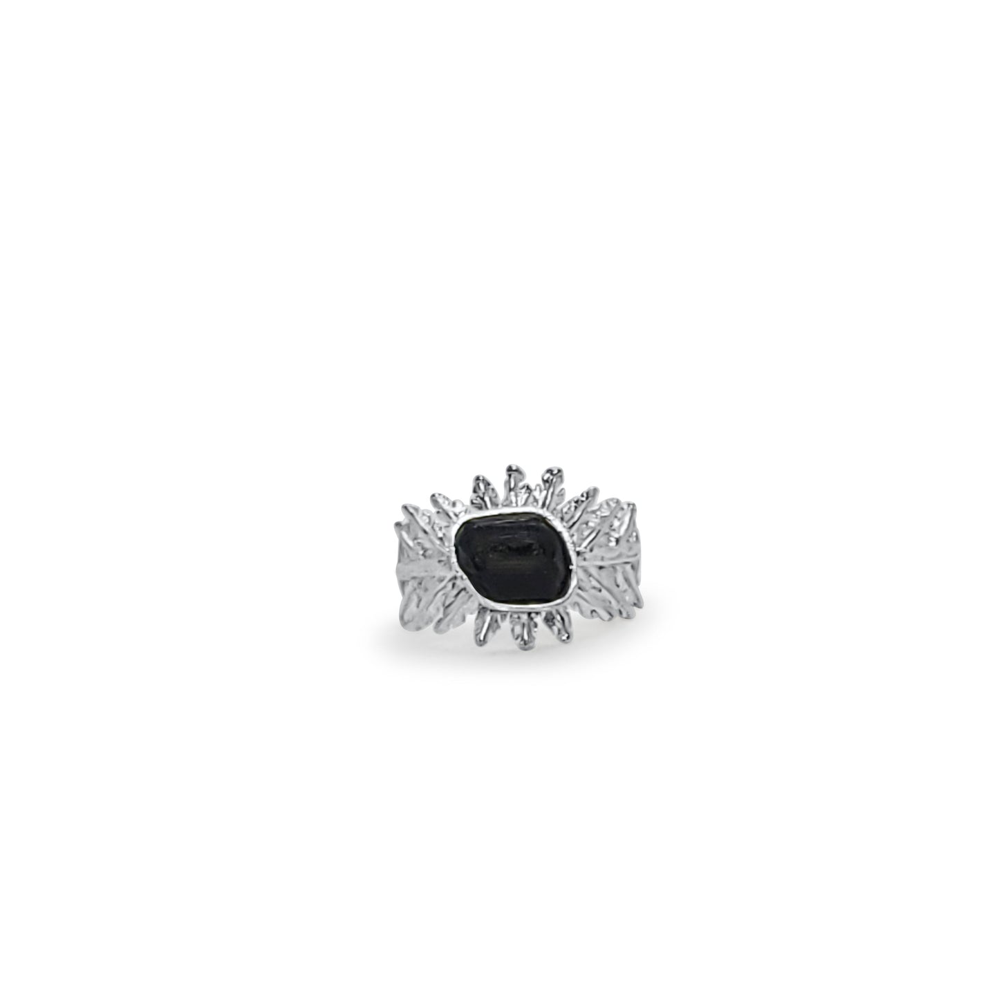 Black Tourmaline Silver Fern adjustable Ring