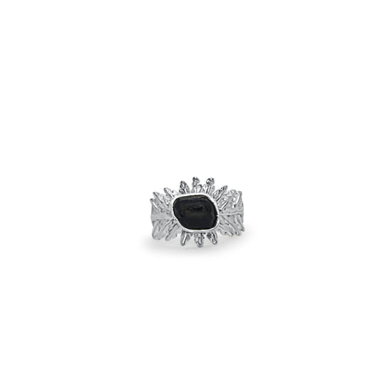Black Tourmaline Silver Fern adjustable Ring