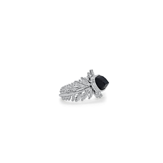 Black Tourmaline Silver Fern adjustable Ring