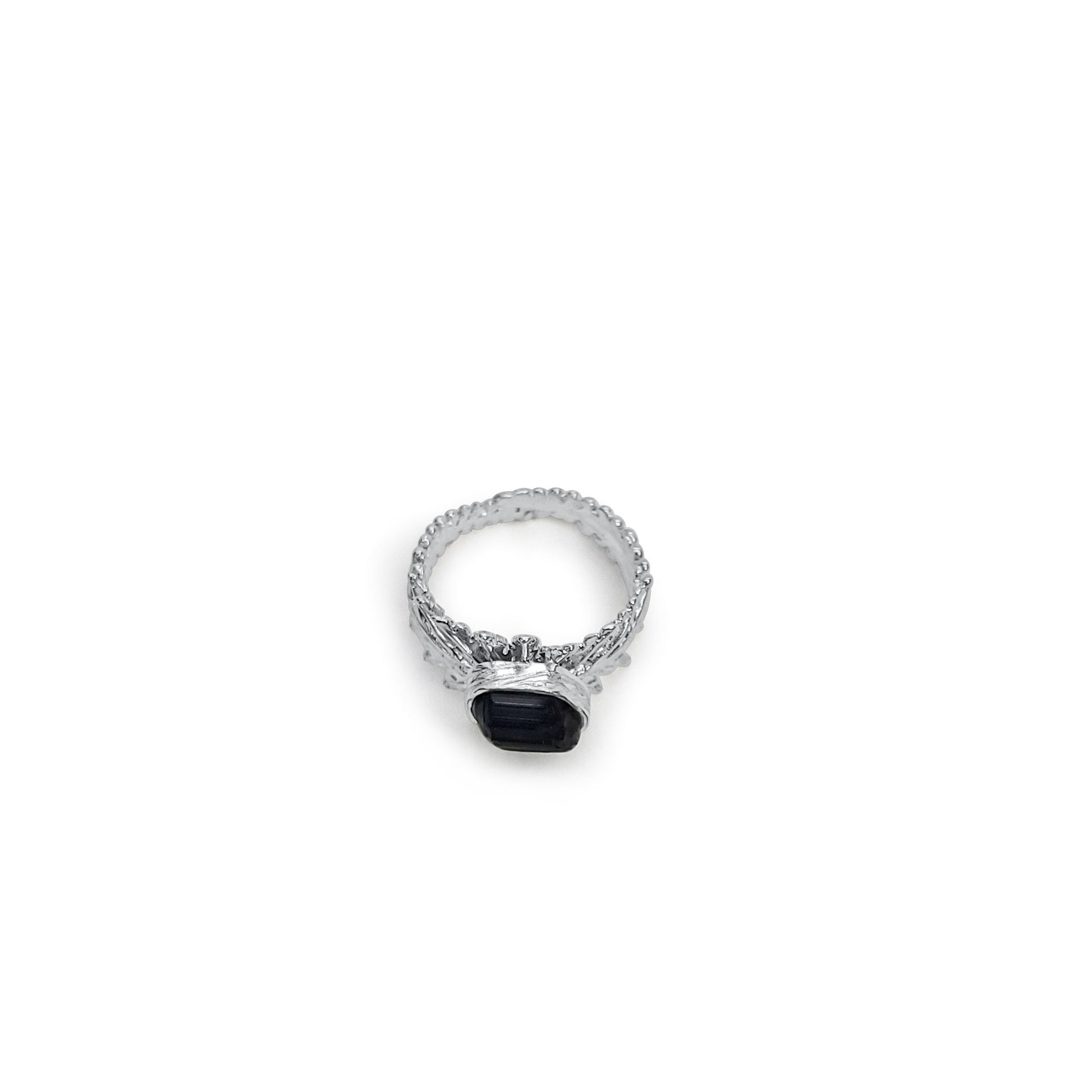 Black Tourmaline Silver Fern adjustable Ring