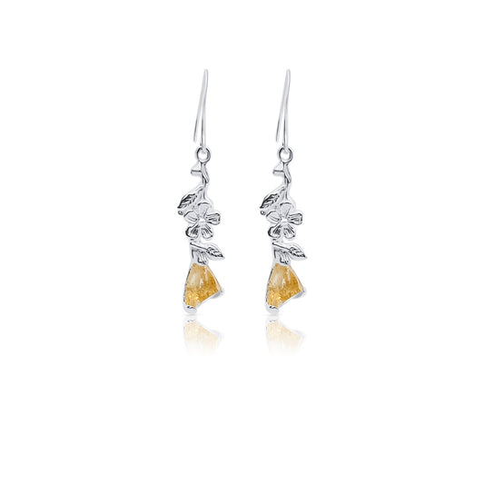 raw citrine with silver flowers on dangle earrings