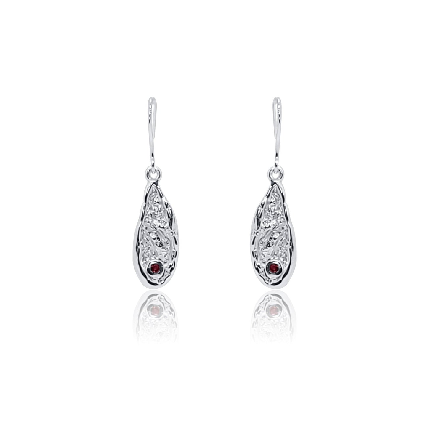 front view of garnet gemstone sterling silver dangle earrings with organic textures