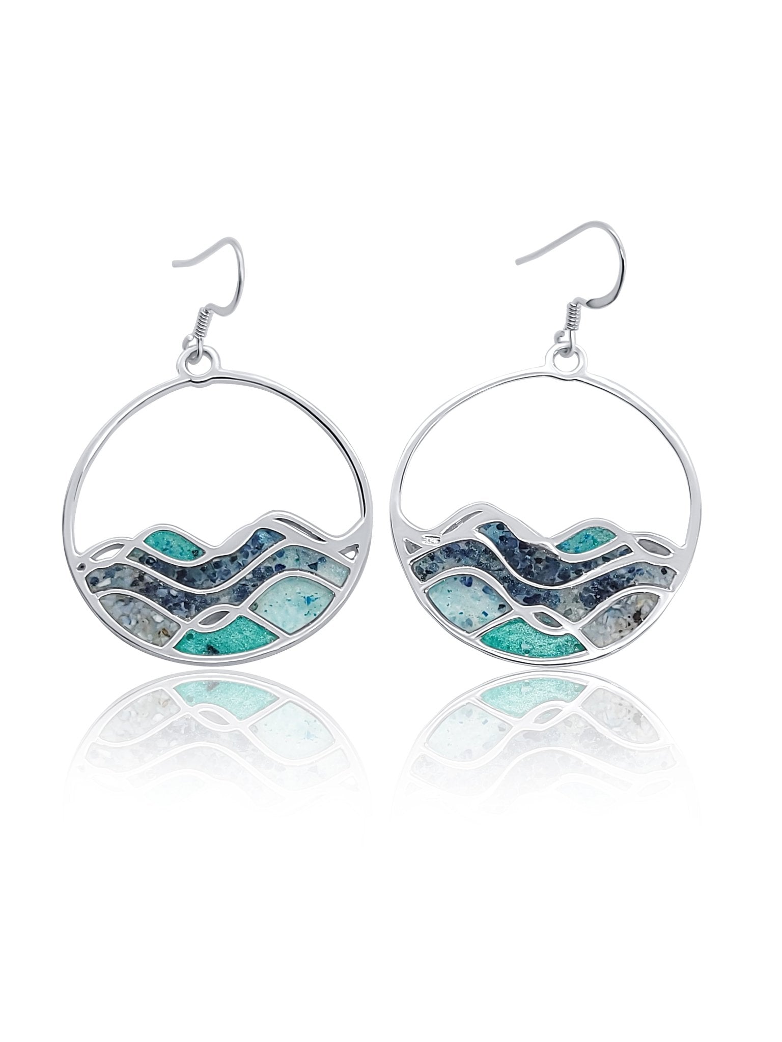 front of High Tide Blue Ocean Wave Circle Earrings with resin, saphores, mica, turquoise and malachite  2