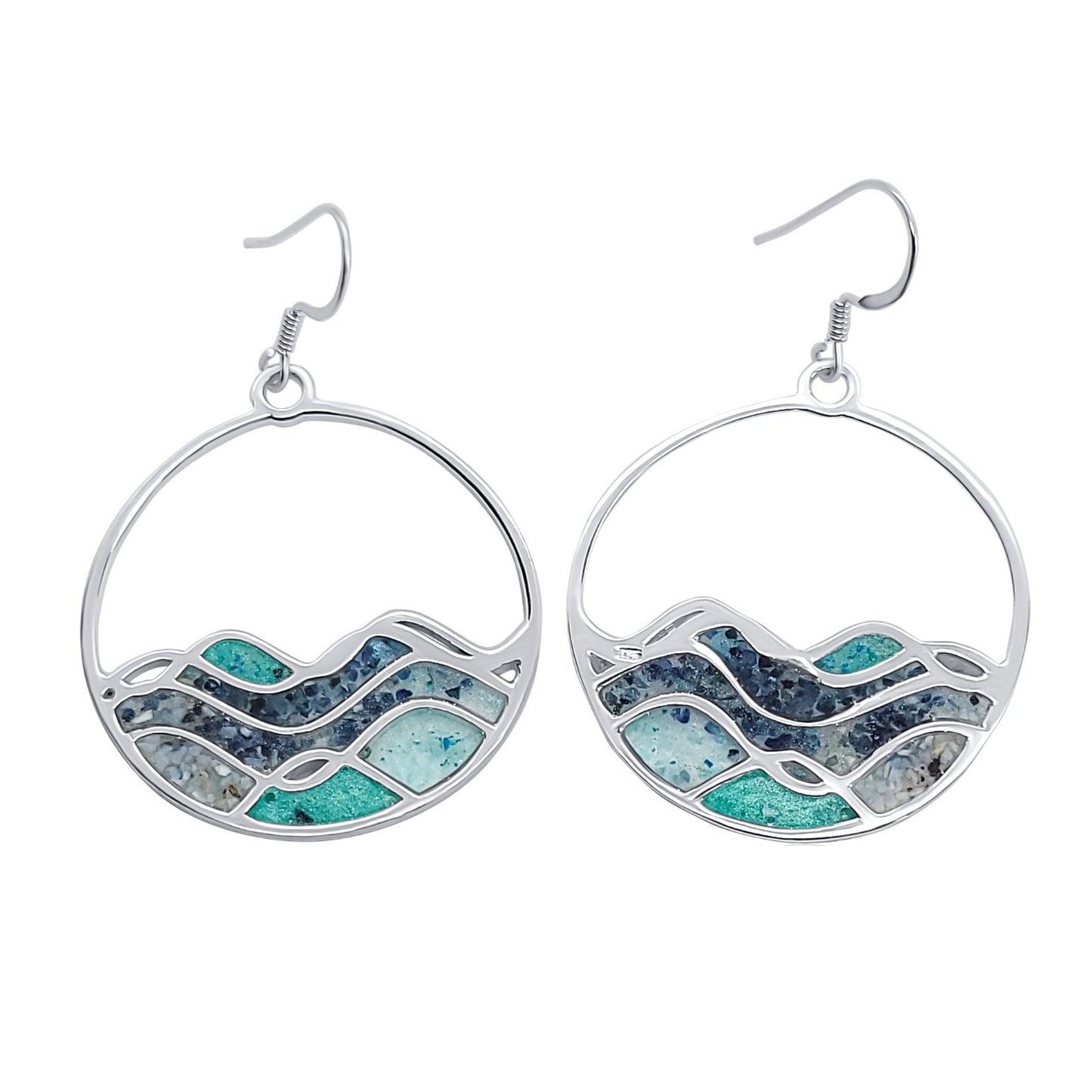 Top view of High Tide Blue Ocean Wave Circle Earrings with resin, sapphires, mica, turquoise and malachite