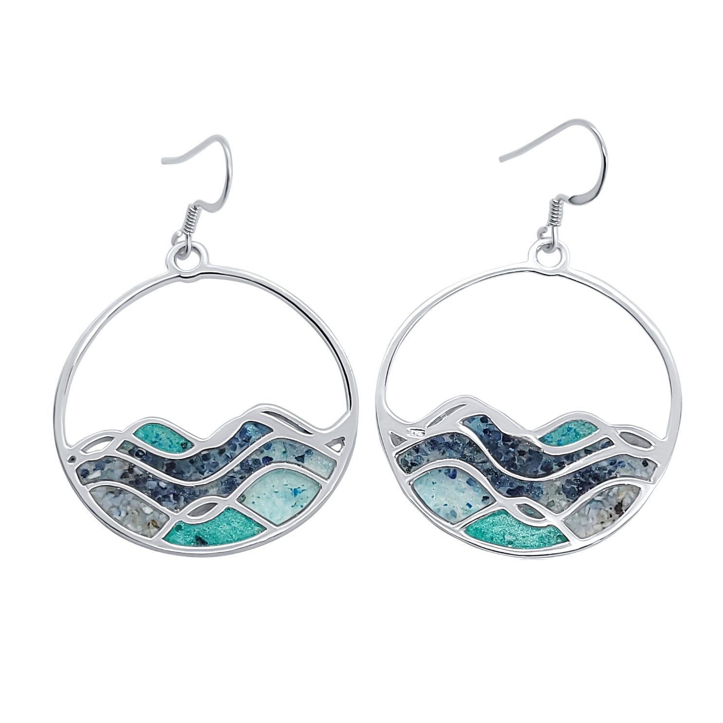 Top view of High Tide Blue Ocean Wave Circle Earrings with resin, sapphires, mica, turquoise and malachite