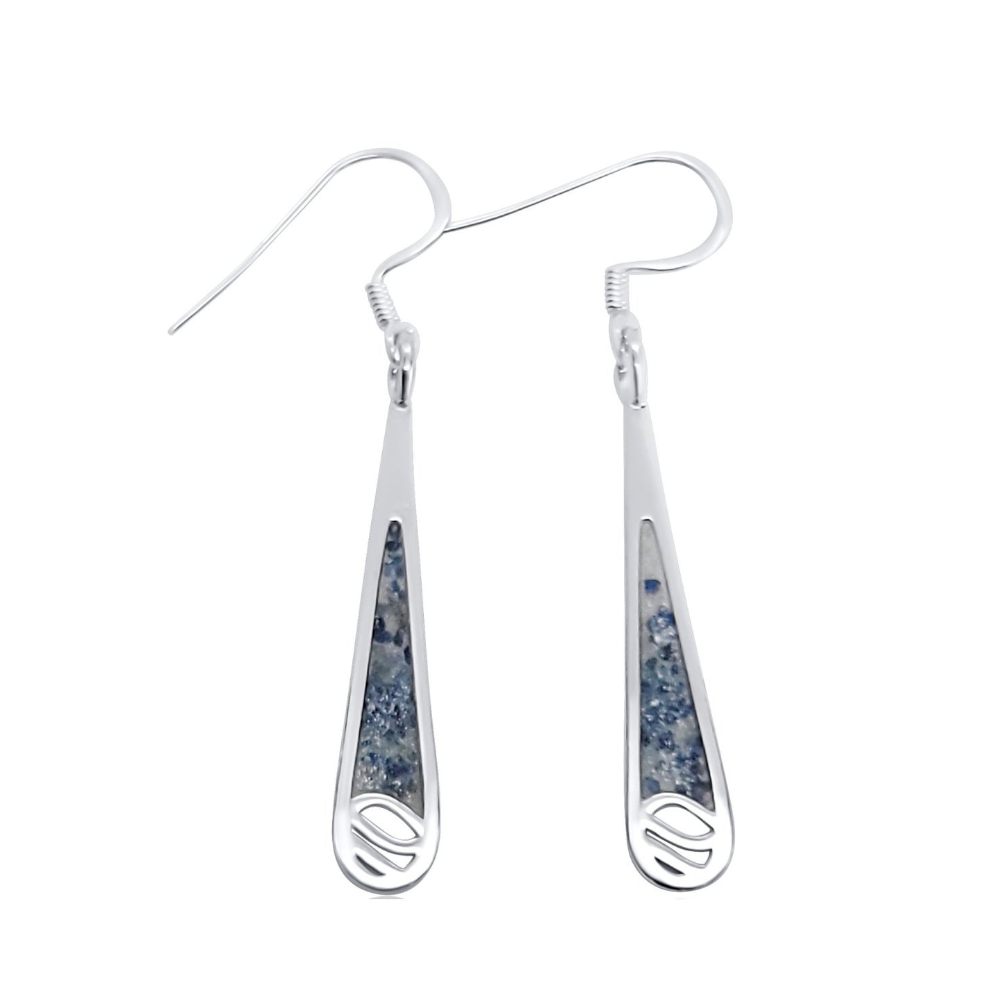 Top view of silver water drop dangle earrings with sapphire and resin inlay