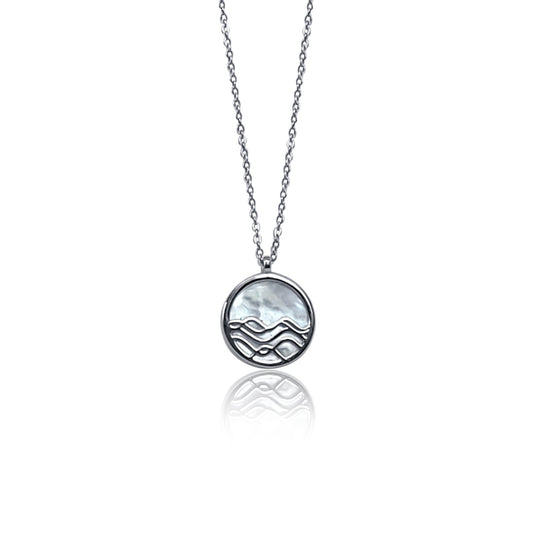 sterling silver and mother of pearl reversible wave circle pendant necklace on adjustable necklace chain
