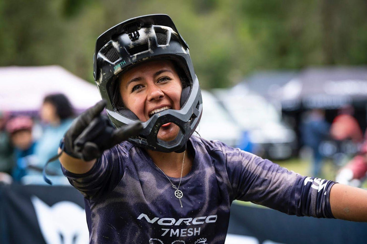 Mountain Biker Emmy Lan wearing the Silver Maeve bike chain ring necklace