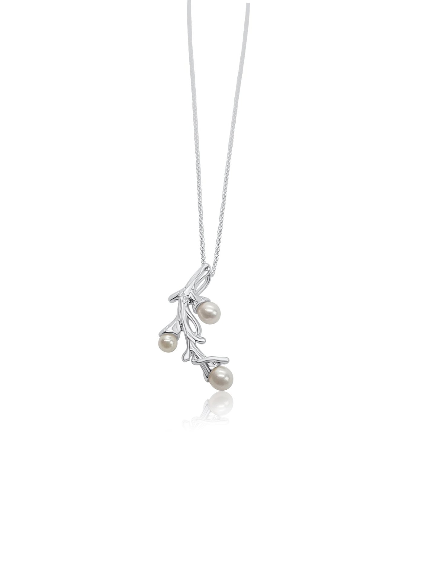 front view freshwater pearl necklace with intricate branch design with 3 pearls