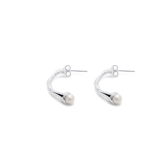 modern minimalist half hoop freshwater pearl earrings on posts