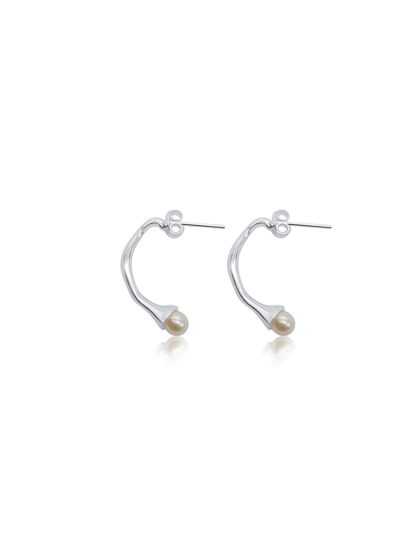 side view modern minimalist half hoop freshwater pearl earrings on ear posts