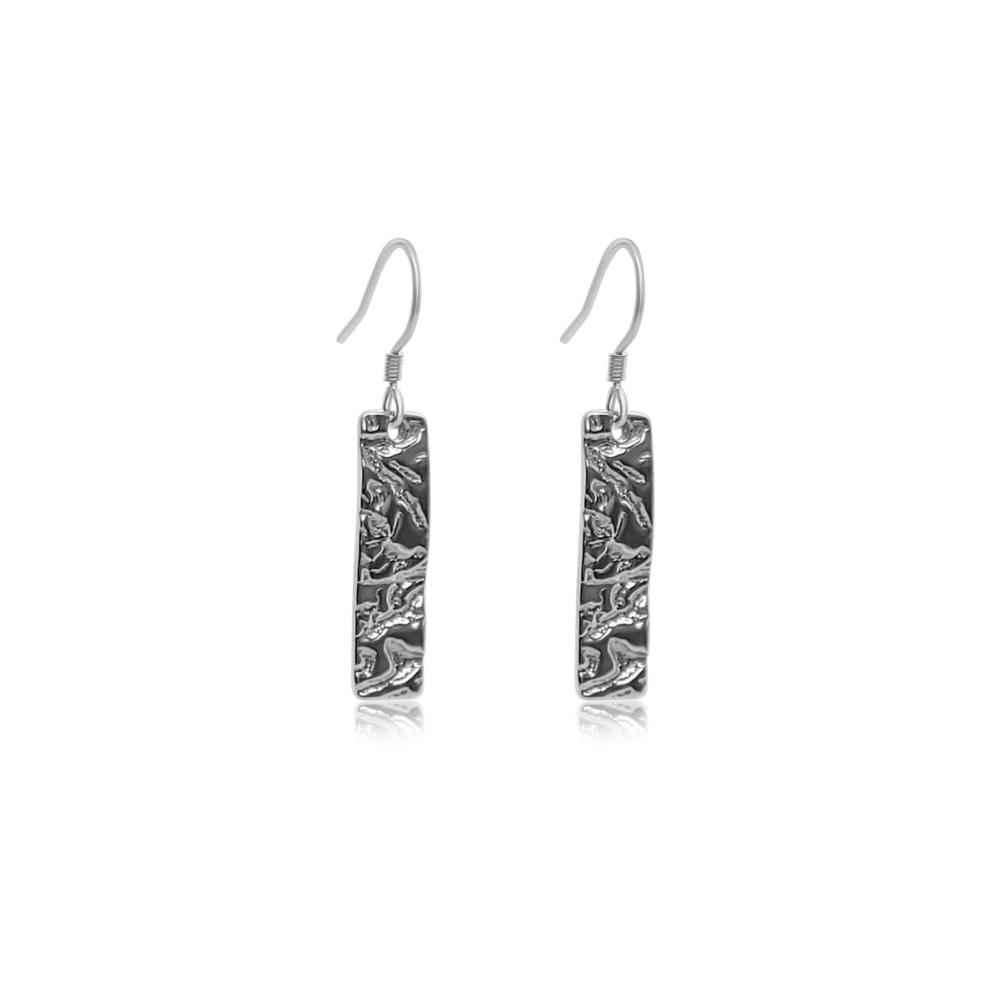 sterling silver drop earrings with thin rectangle pendant with a natural driftwood texture on the silver