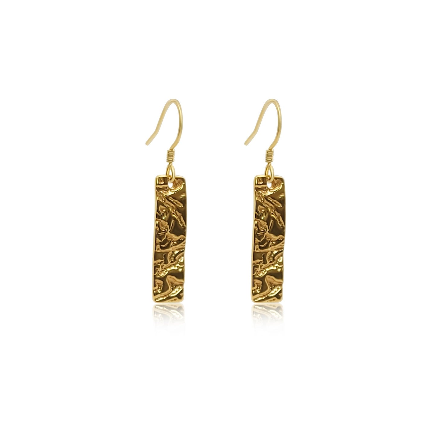 gold vermeil drop earrings with thin rectangle pendant with a captivating driftwood texture