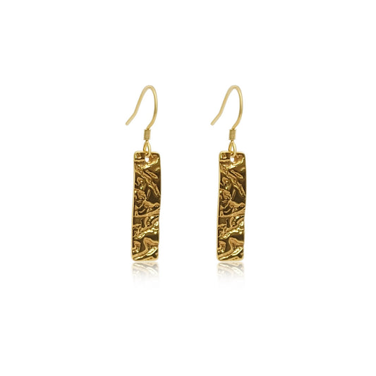 gold vermeil drop earrings with thin rectangle pendant with a captivating driftwood texture