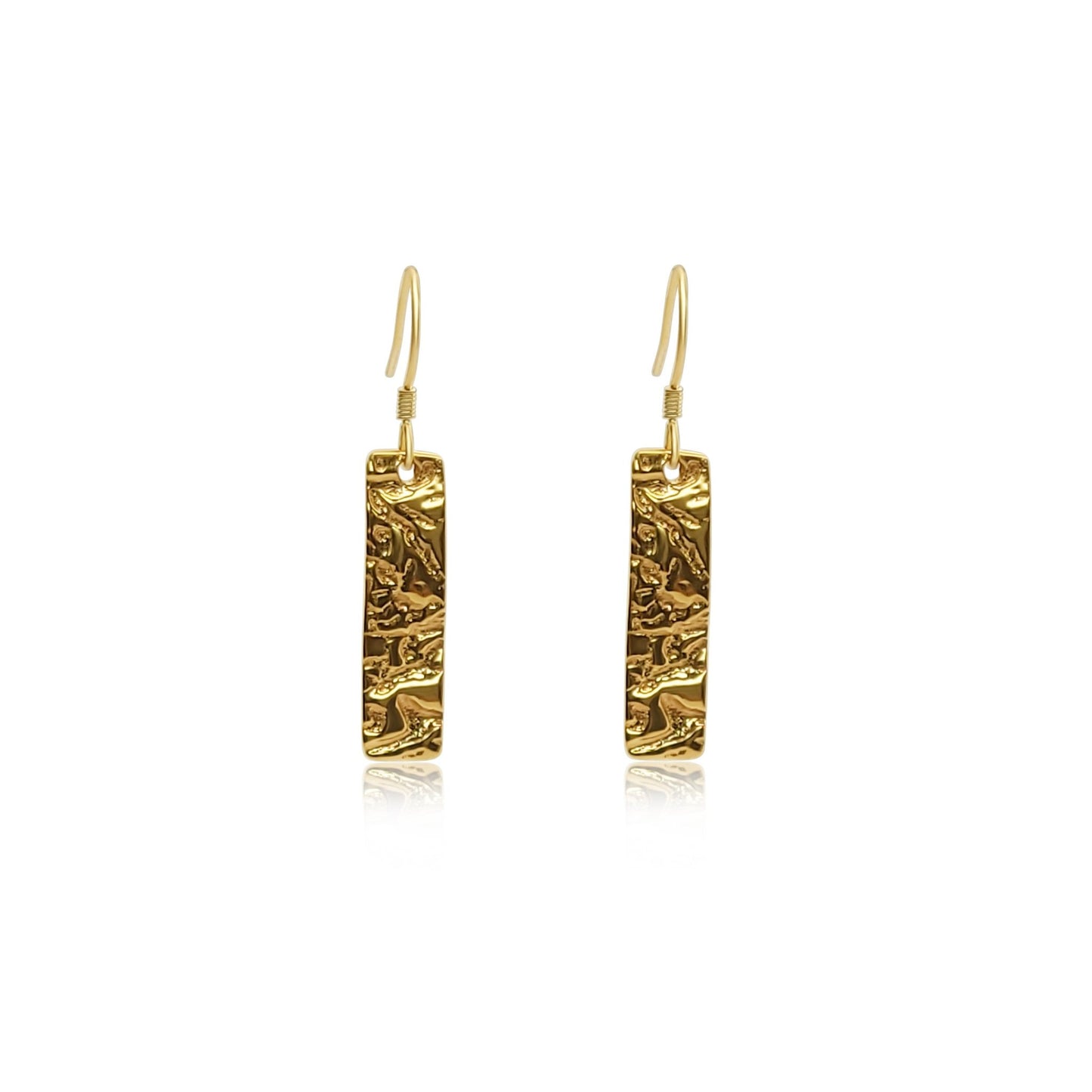 gold plated sterling silver drop earrings with thin rectangle pendant with a captivating driftwood texture