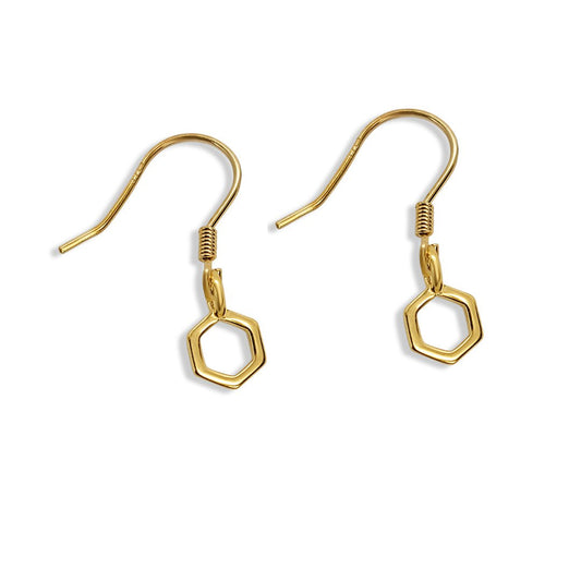 Melita dangle earrings. minimalist gold 7mm hexagons hung on gold ear wires
