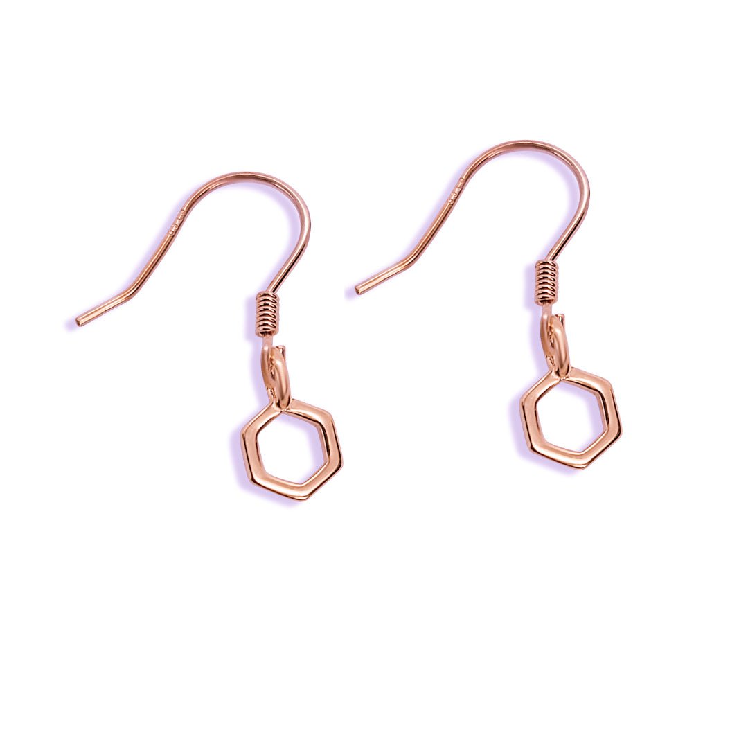 Rose gold Melita dangle earrings. minimalist gold 7mm hexagons hung on matching ear wires