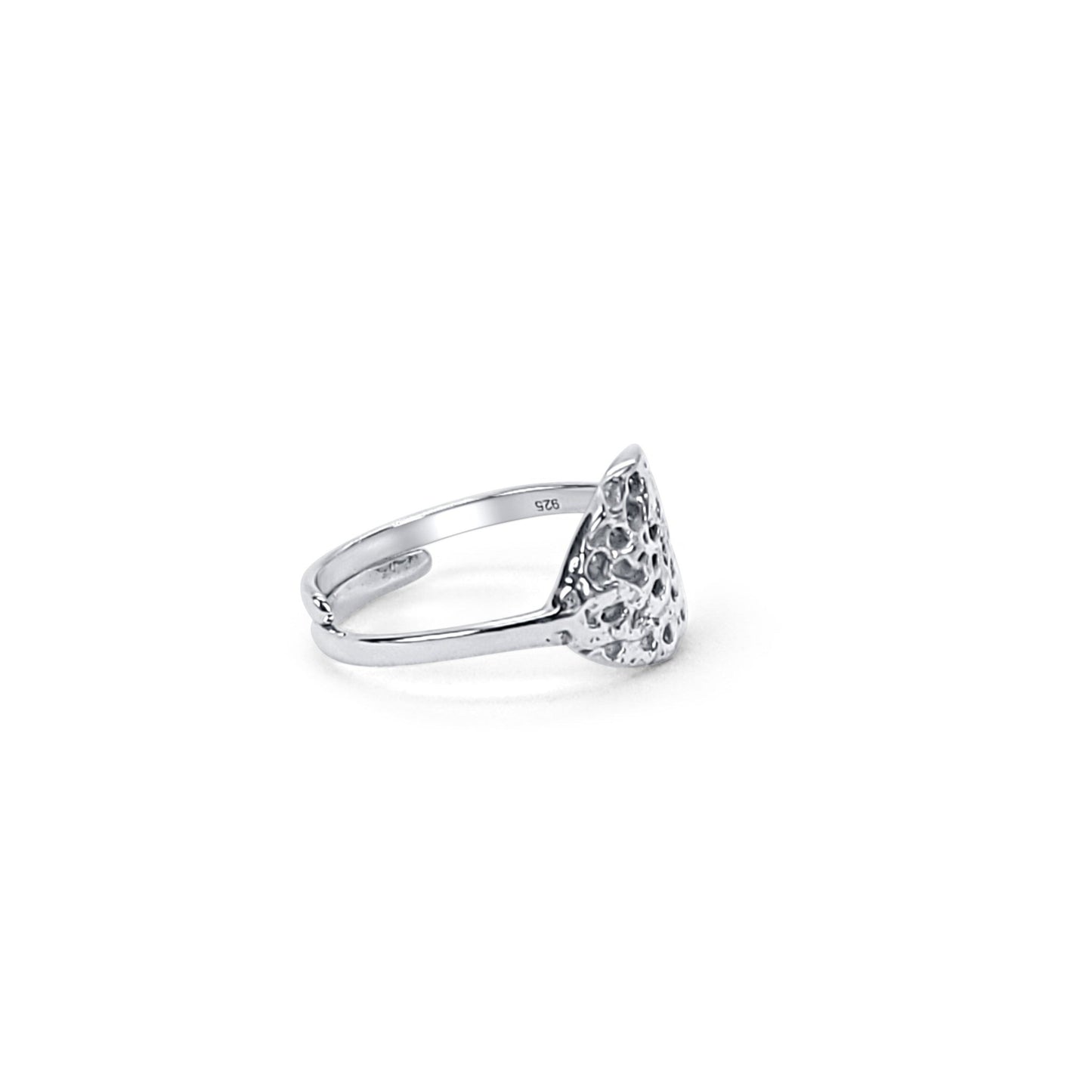side view of 925 sterling silver adjustable ring with naturally and organic textured oval top