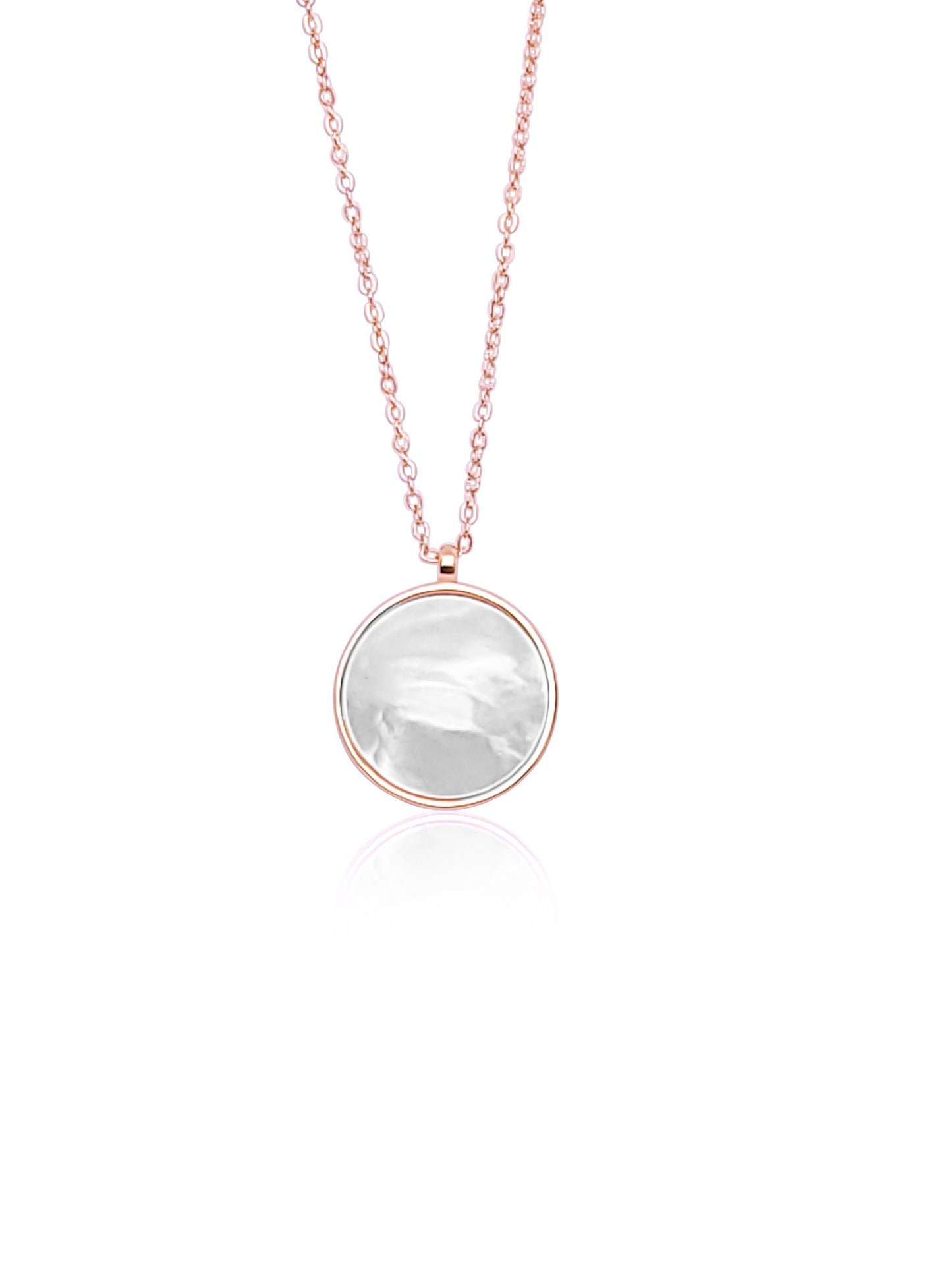 Back side of rose gold mother of pearl reversible ocean wave circle pedant necklace