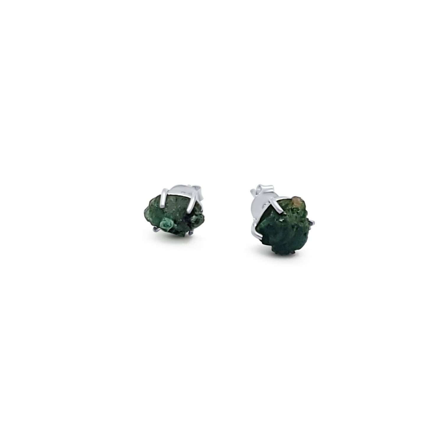 natural raw emerald silver stud earrings with minimalist prong setting