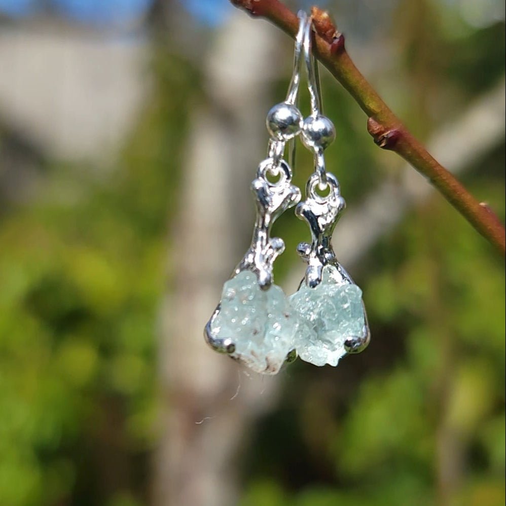 Natural Raw Aquamarine Silver Dangle Earrings