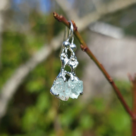 Natural Raw Aquamarine Silver Dangle Earrings