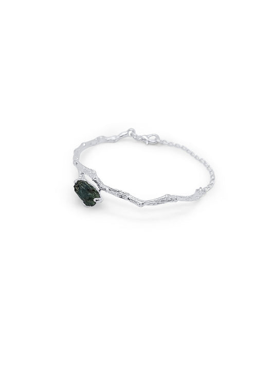 Side View Natural Raw Emerald Bracelet with Silver Twig Design