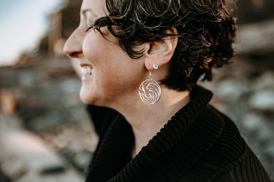 Model wearing in side view - Ocean Circle Earrings