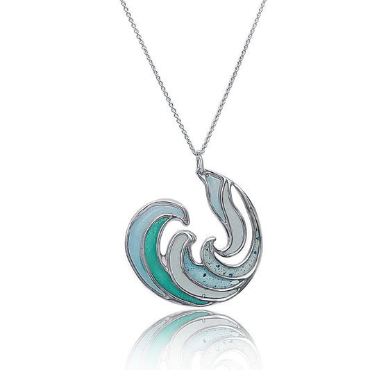 close up of Silver and Blue resin RipCurl Pendant Neclace coloured with resin and mineral inlay 1