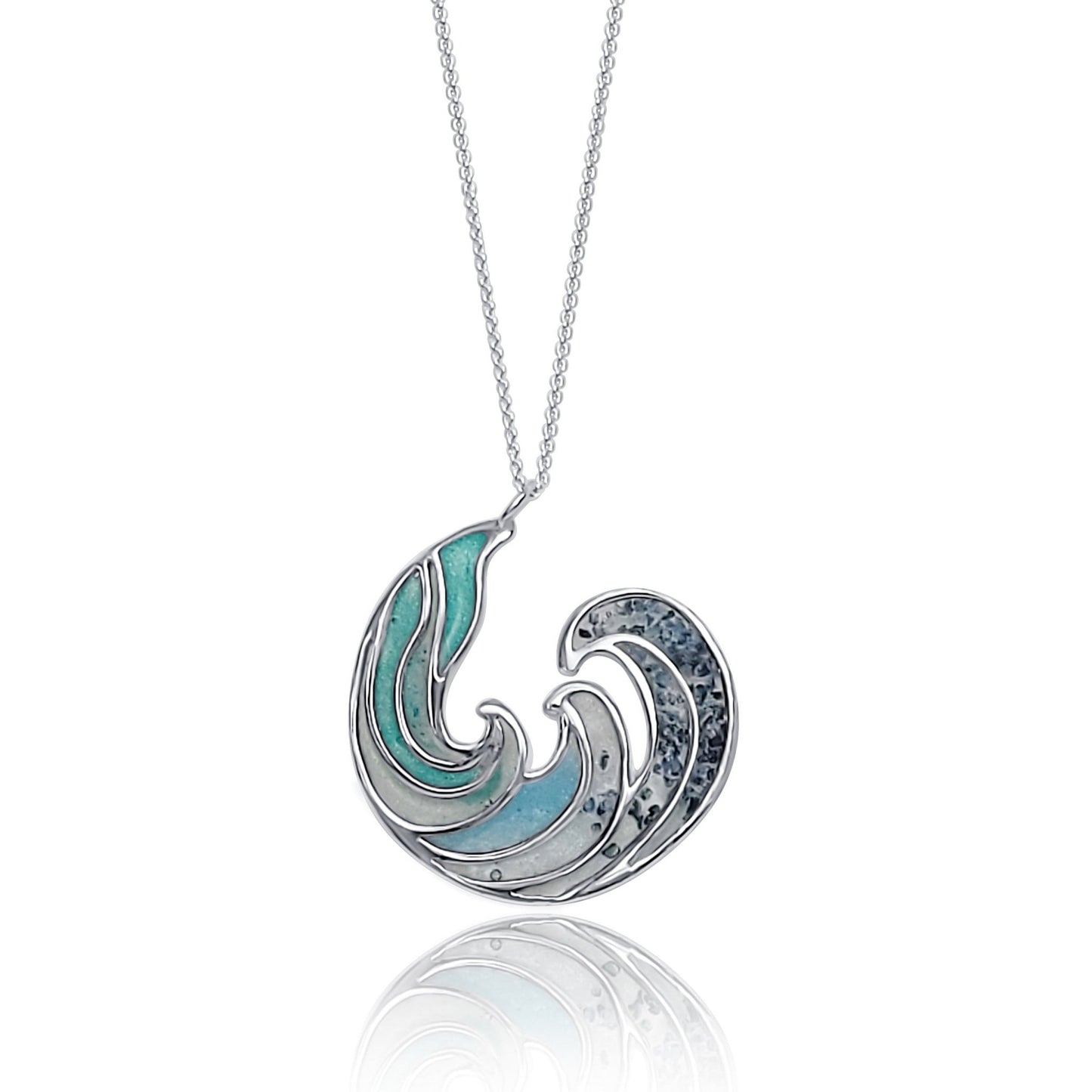 close up of Silver and Blue resin RipCurl Pendant Neclace coloured with resin, sapphire malachite, and mineral inlay 2