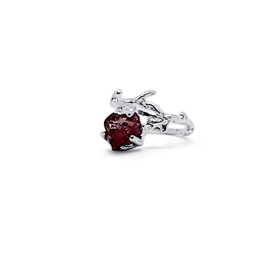 Front View - adjustable silver garnet ring to celebrate the raw, untamed beauty of nature