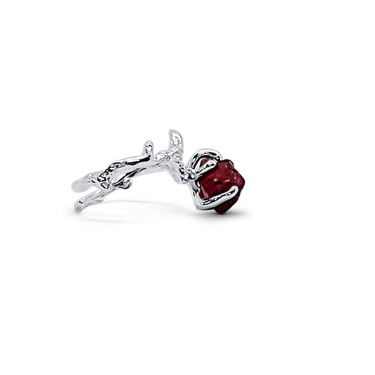 Side View- adjustable silver garnet ring to celebrate the raw, untamed beauty of nature