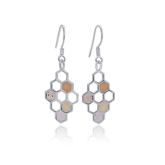 Petite honeycomb silver and rose and gold resin earrings 2