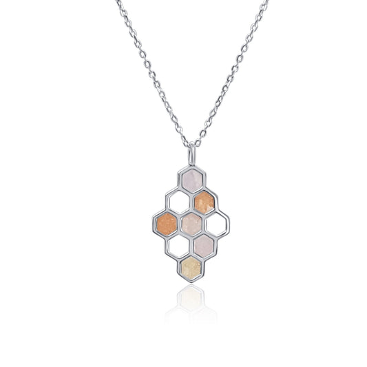 Petite honeycomb silver and rose and gold resin pendant necklace 2