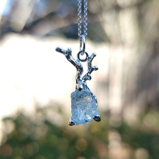Raw Aquamarine Silver Branch Pendant Necklace