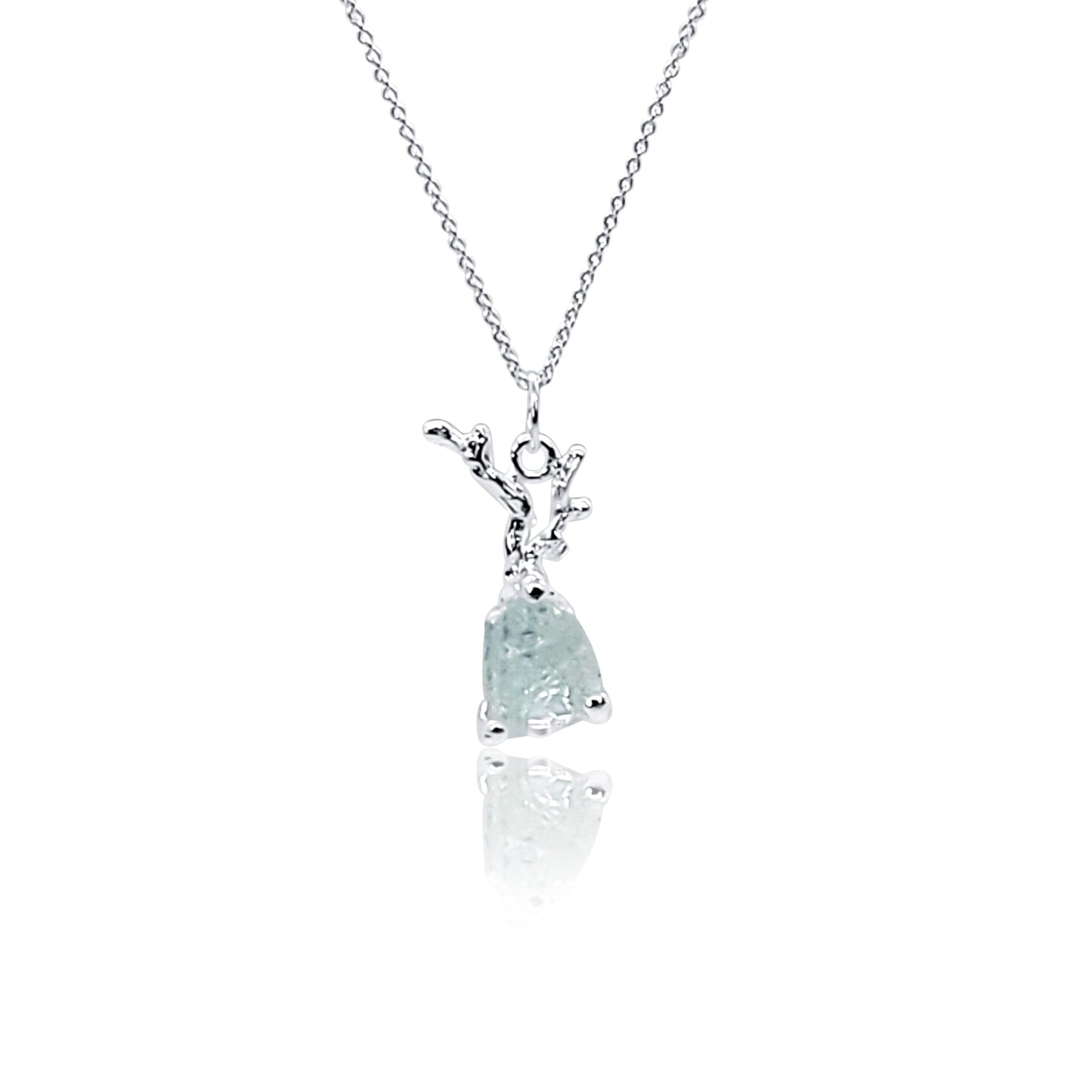 Raw Aquamarine Silver Branch Pendant Necklace