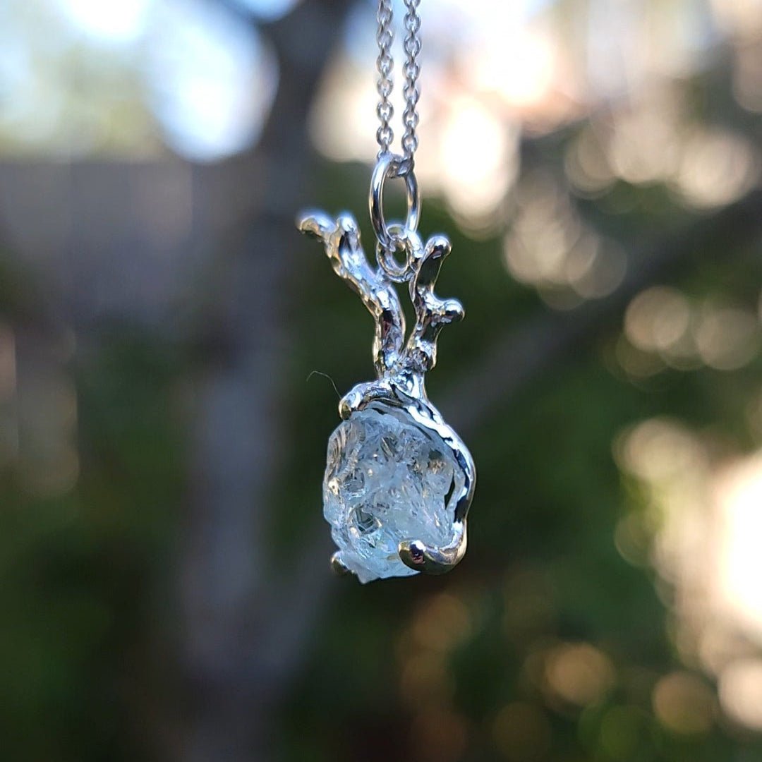 Raw Aquamarine Silver Branch Pendant Necklace