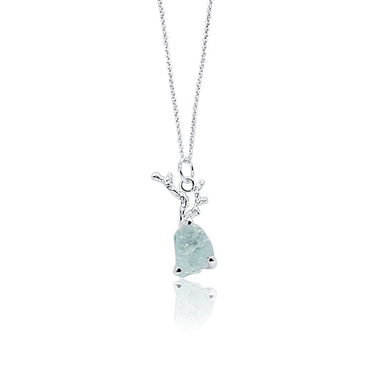 Raw Aquamarine Silver Branch Pendant Necklace