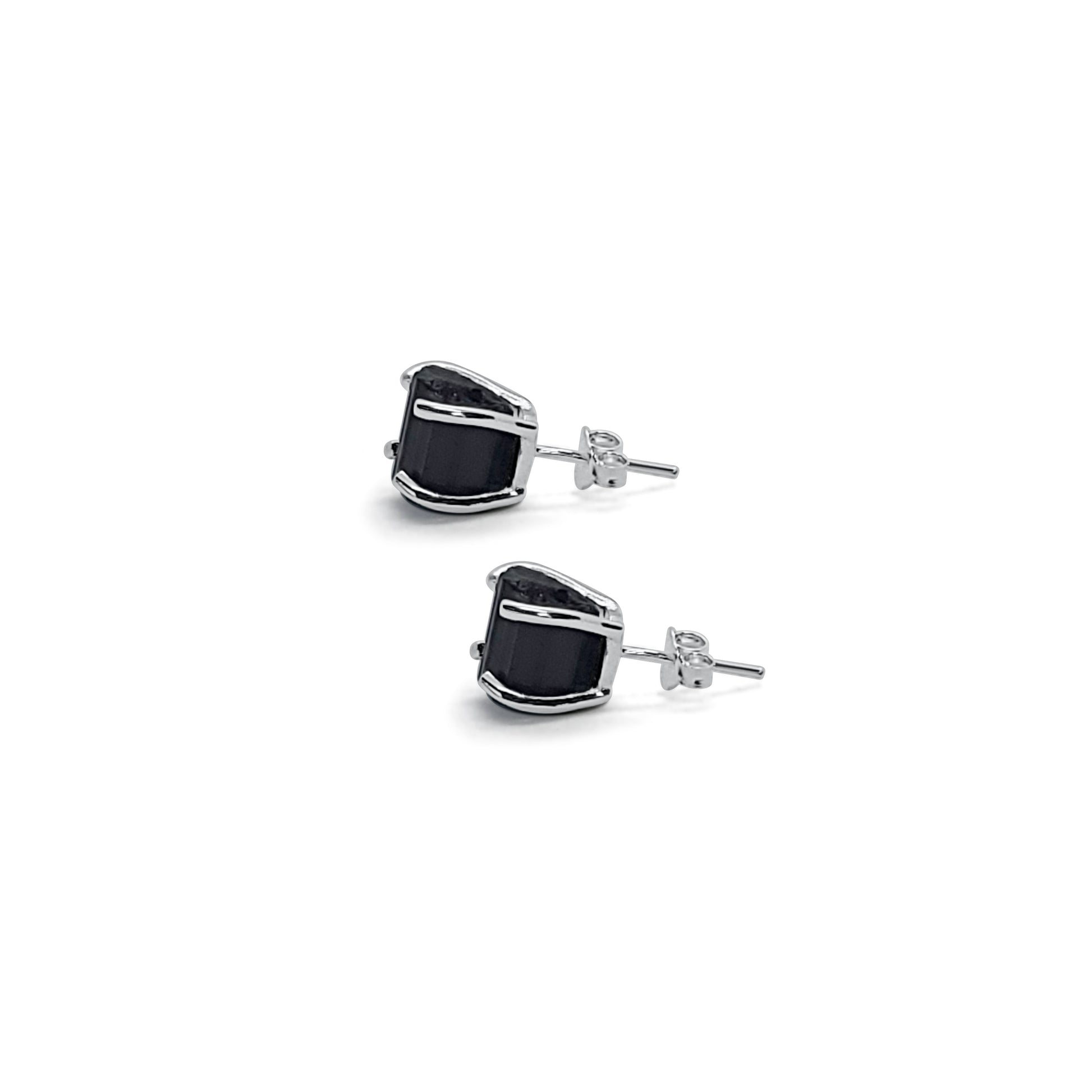 Raw Black Tourmaline Silver Stud Earrings